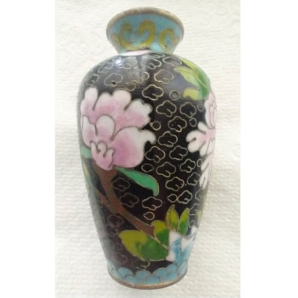 Cloisonne Vase Tiny Vintage Chinese Black Pink Green Blue Floral Design - Picture 2 of 10